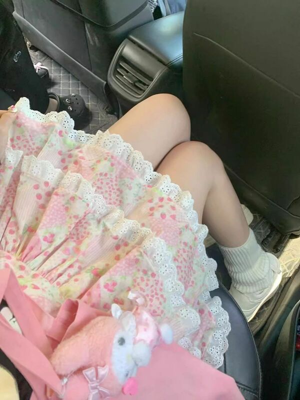 Japan Pink Sweet Floral Print Lolita Cake Skirt Women Harajuku Y2k Lace Ruffles Pleated Mini Skirts Elastic Waist Short Skirt