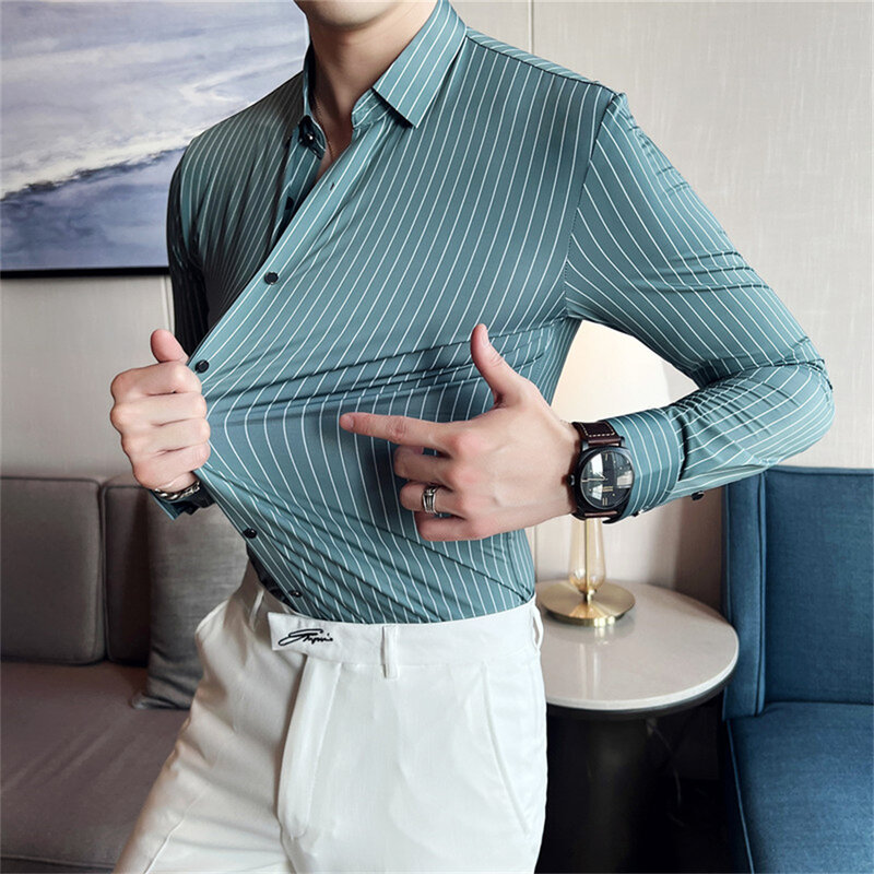 Shirt Men's Long -sleeved Striped Silk Smooth and Slim Casual Shirt Luxury Social Party Shirt
