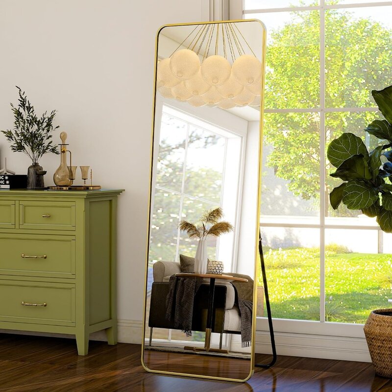 Rounded Full Length Mirror Aluminum Frame Gold Floor Mirror with Stand for Living Room 59" x 16“ Cloakroom Mirrors