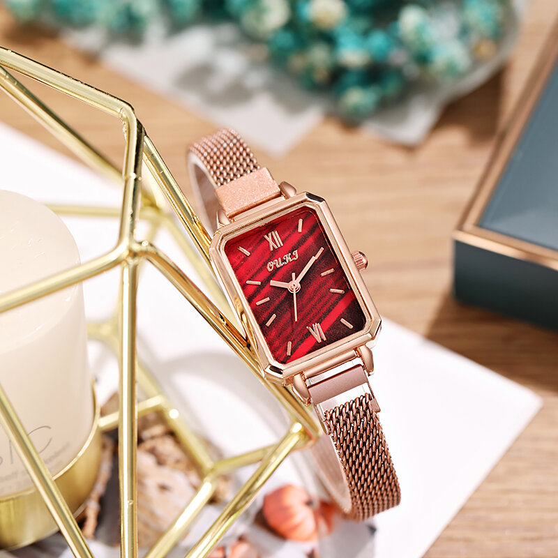 여성 시계 럭셔리 간단한 레트로 사각형 다이얼 스테인레스 스틸 스트랩 쿼츠 손목 시계