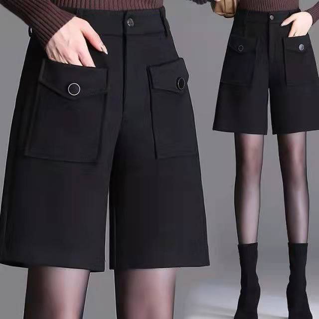 Pantalones cortos de lana versátiles para mujer, Pantalones rectos informales de cintura alta, bolsillos con botones y cremallera, color sólido, versión coreana, moda