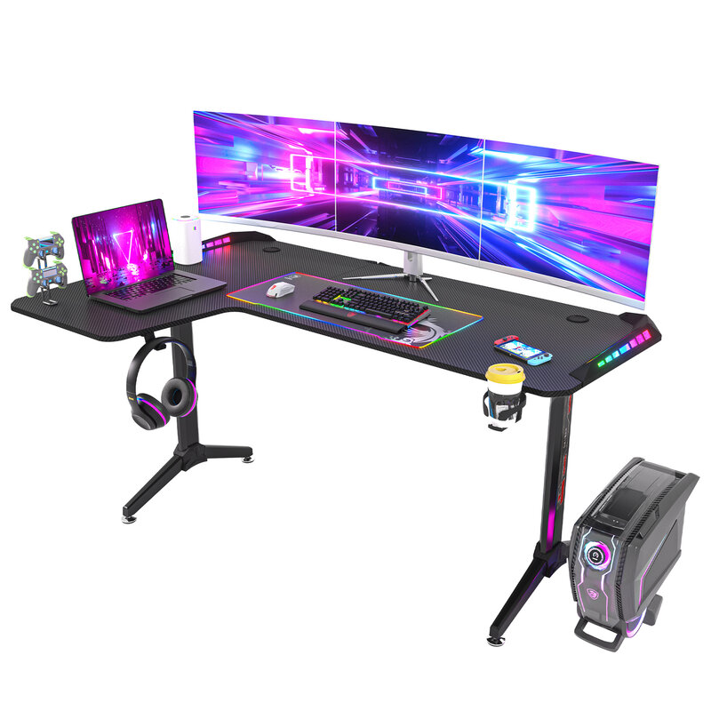 Duże biurko do gier z stojące biurko w kształcie L, 60 Cal, stojące stojące na narożnik biurka z światła LED RGB do domowego biura komputerowego