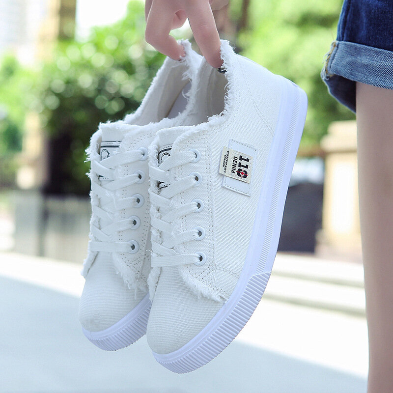 new 2024 spring summer women canvas shoes flat sneakers women casual large size 42/43 shoes low upper lace up white shoes