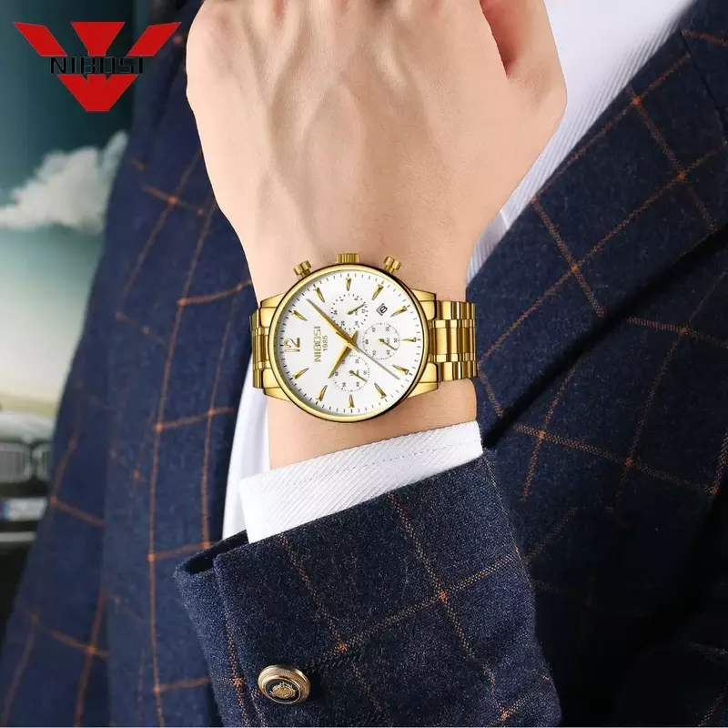 NIBOSI zegarek chronograf kwarcowy wodoodporny kwarcowy złoty męski zegarek na rękę wojskowy zegarek sportowy Relogio Masculino Montre Saat