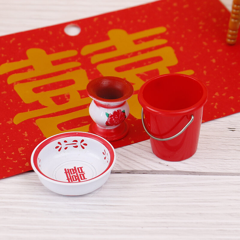 Miniatur Rumah Boneka Antik 8 Buah/Set Hadiah Pernikahan Tiongkok Botol Air Kotak Merah Ember Air Mainan Dekorasi Model