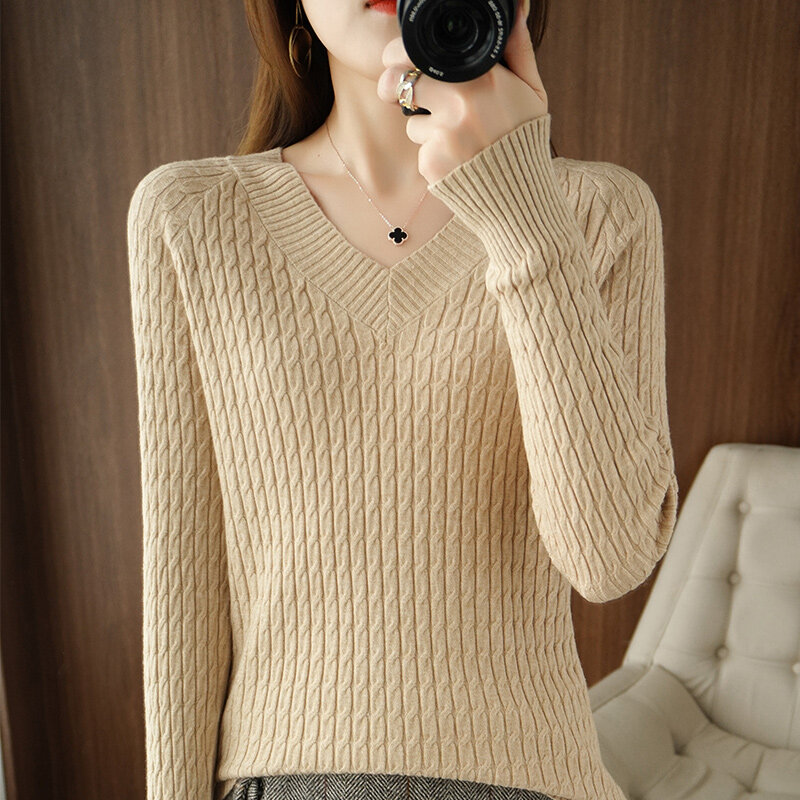 Pull ample en tricot pour femmes, Version coréenne, fin et torsadé, col en v, facile à assortir, nouvelle mode printemps-automne