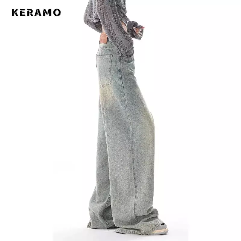 Корейские винтажные повседневные брюки с высокой талией в уличном стиле, имитирующие цвет синий, прямые джинсы, женские широкие мешковатые джинсовые брюки Y2K