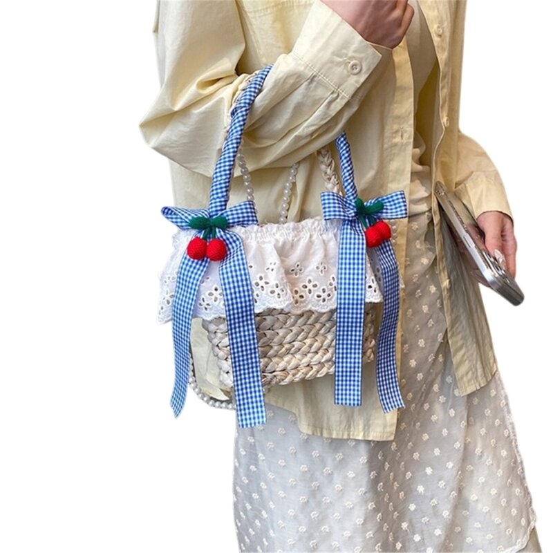 Сумка-ведро через плечо с плетеной соломенной завязкой и бантами, кружевной жемчужной цепочкой и цепочкой