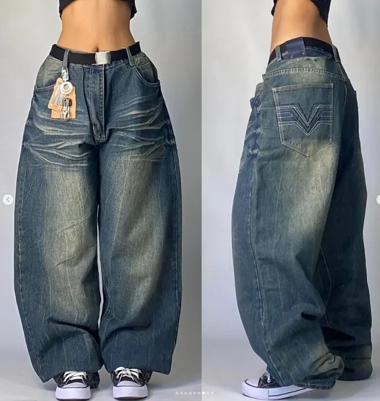 Уличные джинсы Y2K, новые супер свободные брюки в стиле хип-хоп с карманами и вышивкой в стиле ретро, широкие брюки в стиле Харадзюку, готические джинсовые брюки с высокой талией