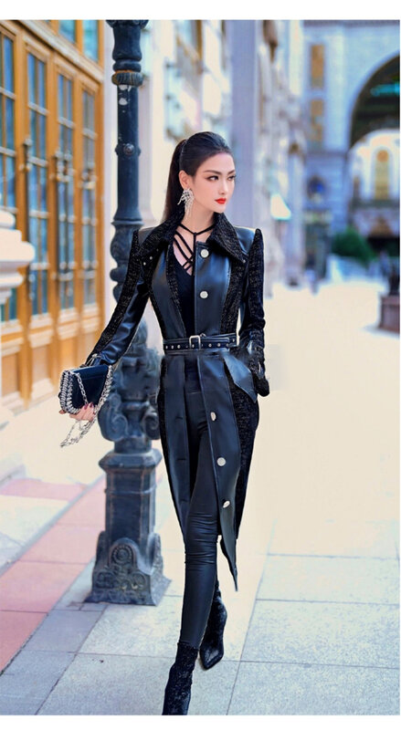 2024 Spring Autumn Long Luxury Elegant Fitted Patchwork Pu Leather Trench Coat for Women Single Breasted Runway Fashion