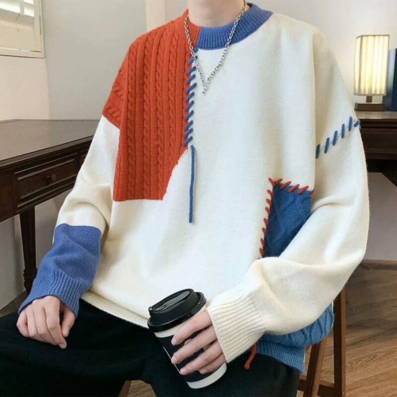 Winter Men Sweater Knitted Thick Warm Loose Korean Sweater Contrast Color Patchwork Mid Length Men Pullover Sweater