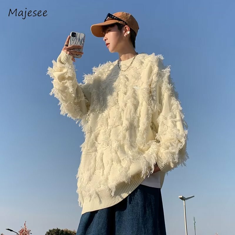 Pullovers Men Casual Daily Loose O-neck Spring Autumn Warm Knitting Tassel Streetwear American Style All-match Couple Fashion