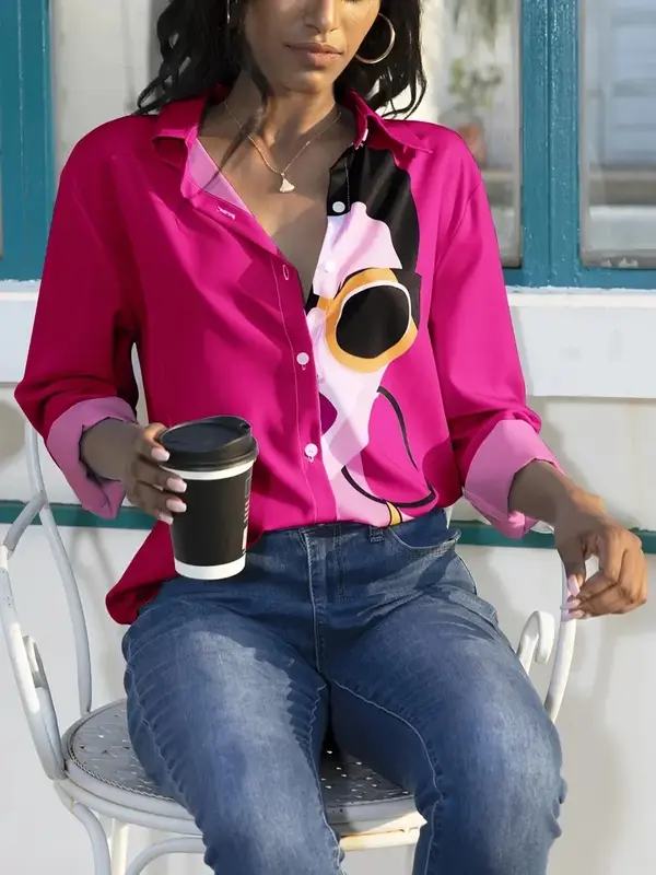 Chemisier chemise rose pour femme, épissage de visage géométrique abstrait, bouton de chemise, mode décontractée, col de chemise, coupe printemps et automne, médicaments, 2024
