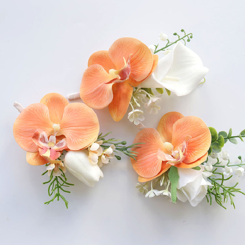 Suministros para banquetes de boda, flor simulada para invitados, novio y novia, flor de pecho, flor de mano, polvo de melocotón, 2403