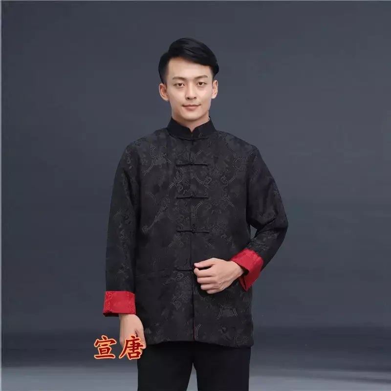 Top de traje Tang de manga larga para hombre, chaqueta Reversible, ropa tradicional china, camisa informal de primavera, patrón de satén, abrigo, 6 colores
