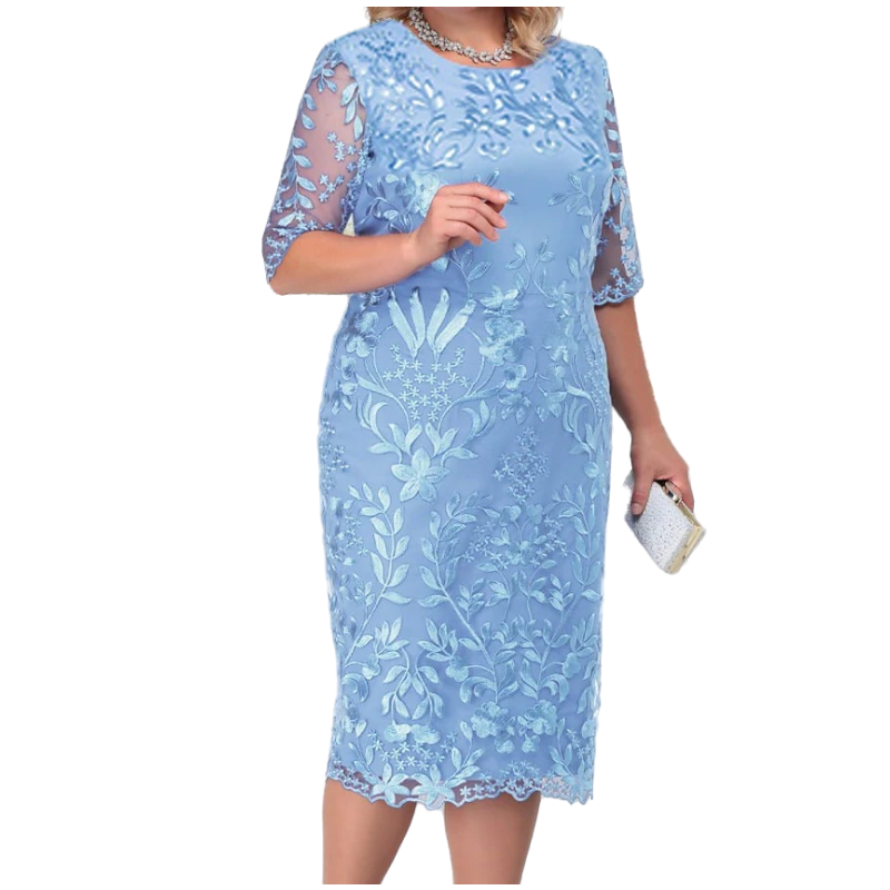 Sukienka Plus Size letnia nowa moda elegancka odmładzający z okrągłym dekoltem haftowana siatka z krótkim rękawem luźna spódnica trzy czwarte ślubna 5xl