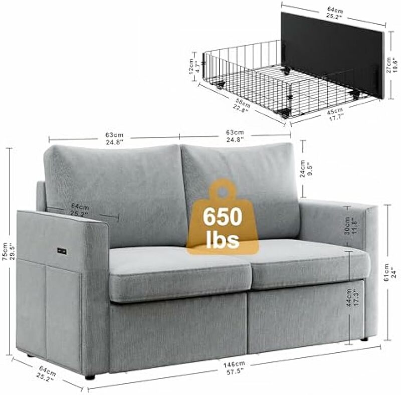 Loveseat Sofa with Drawer & Charging Port,Couches for Living Room with Track Armrest, Double Sofa for Bedroom living room, Grey