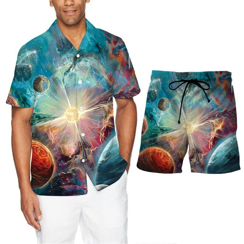 New summer short sleeve shirt set men's Hawaiian beach print casual shirt