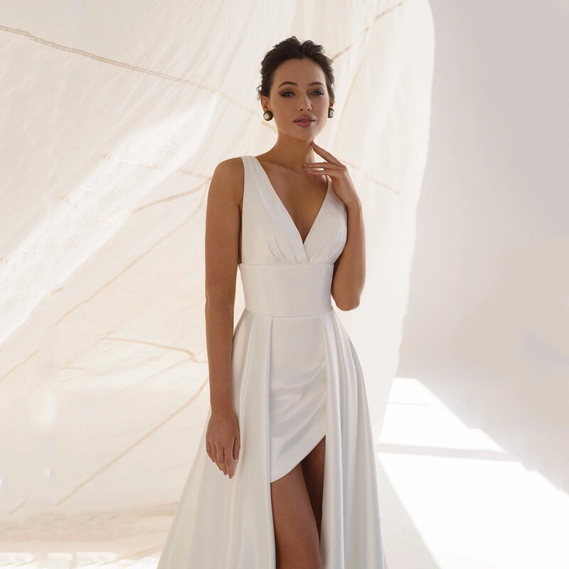 Пляжное белое мини-платье для свадьбы, с V-образным вырезом, без рукавов, с открытой спиной, на молнии, плиссированные Короткие платья невесты, женское платье, индивидуальный пошив