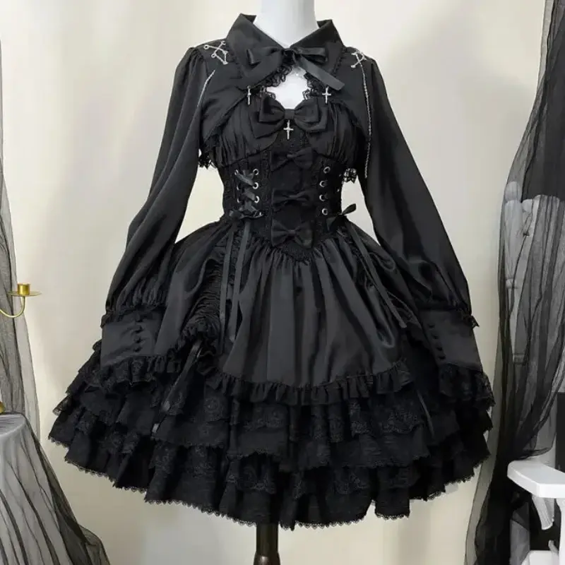 Abito Lolita gotico vittoriano giapponese donna stile Punk dolce fiocco in pizzo Eveing abiti da festa Harajuku Y2k vestito da principessa Cosplay