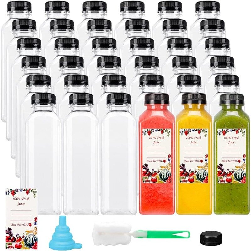 Botellas de jugo de plástico vacías con tapas, contenedores de bebidas transparentes a granel con tapas antirrobo negras, 36 piezas