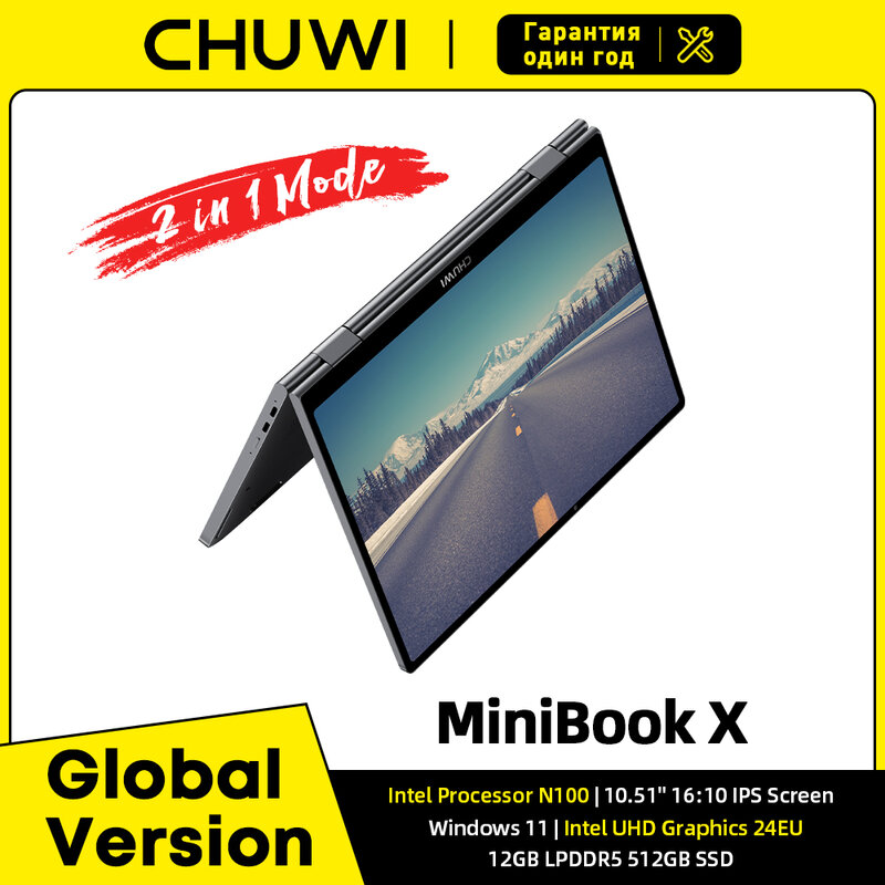 CHUWI-MiniBook X, tableta portátil 2 en 1 de 10,51 pulgadas, Intel N100, modo YOGA, 360 grados, LPDDR5 12GB, SSD de 512G, Windows 11