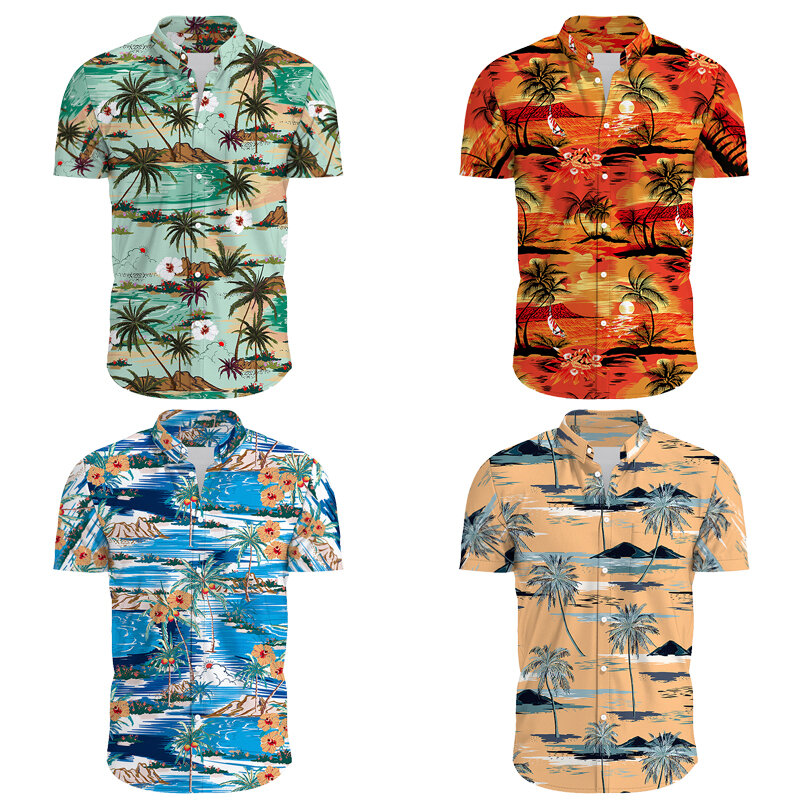 Hawaii-Stil 3d T-Shirt für Männer Mode Revers Kragen Kurzarmhemd Sonnen untergang Strand Männer T-Shirt lose Hemd Herren bekleidung