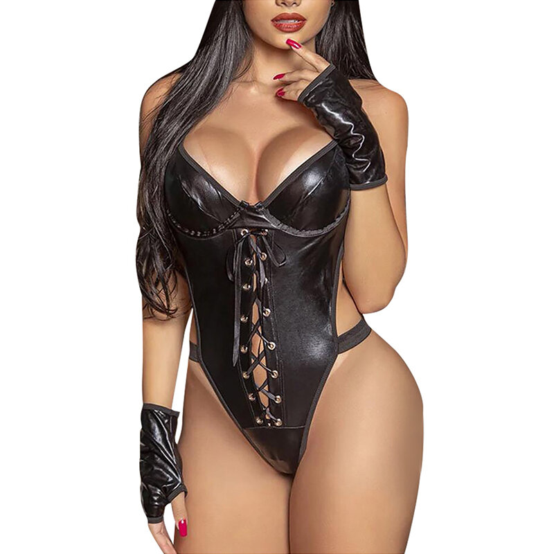 Latex Leather Sexy Lingerie V Neck Teddies Bodysuit Plus Size Women Hollow Out Underwear Erotic Costumes Porno Corsets Backless