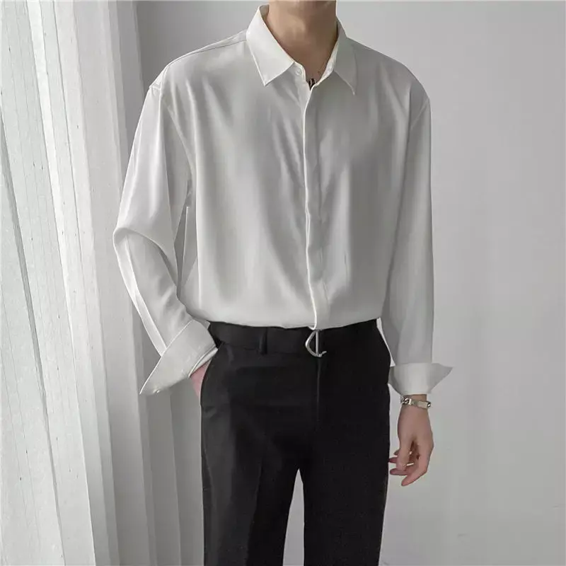 Роскошная Высококачественная Однотонная рубашка для зрелых мужчин из ледяного шелка, модная Свободная рубашка с длинными рукавами и скрытыми пуговицами, деловые мужские драпированные рубашки