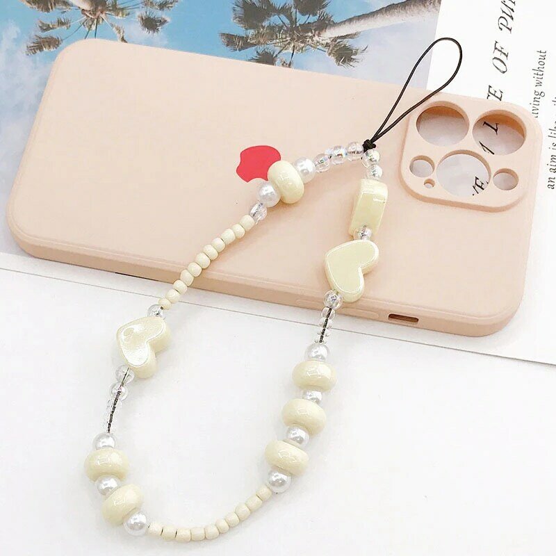 Catene del telefono della cinghia Mobile del cuore dolce per le donne catena di perle ciondolo del cellulare chiave di fascino gioielli con cordino Anti-perso