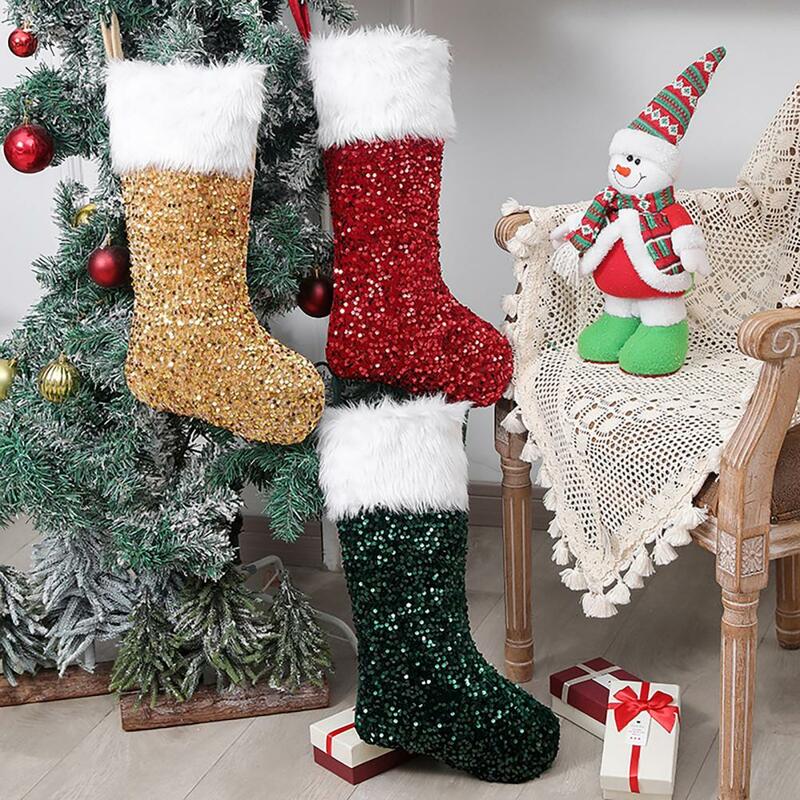 Bas de Noël blanc long en peluche à paillettes, accessoire de festival de document lumineux, ornement d'arbre de Noël, pendentif de sac, décoration de Noël, cadeaux pour enfants