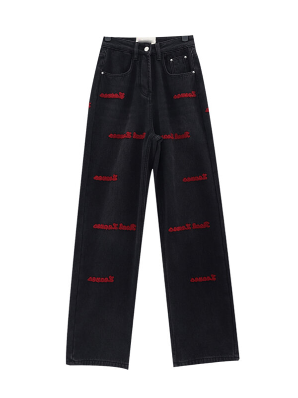 Pantalones vaqueros bordados negros de primavera para mujer, talla grande, figura en forma de pera, cintura alta, pierna recta delgada, fregado, pantalones de pierna ancha Y2K