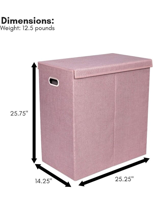 Double Laundry Hamper with Lid | Removable mesh bags | Dual Compartment Clothes Hamper | Pink