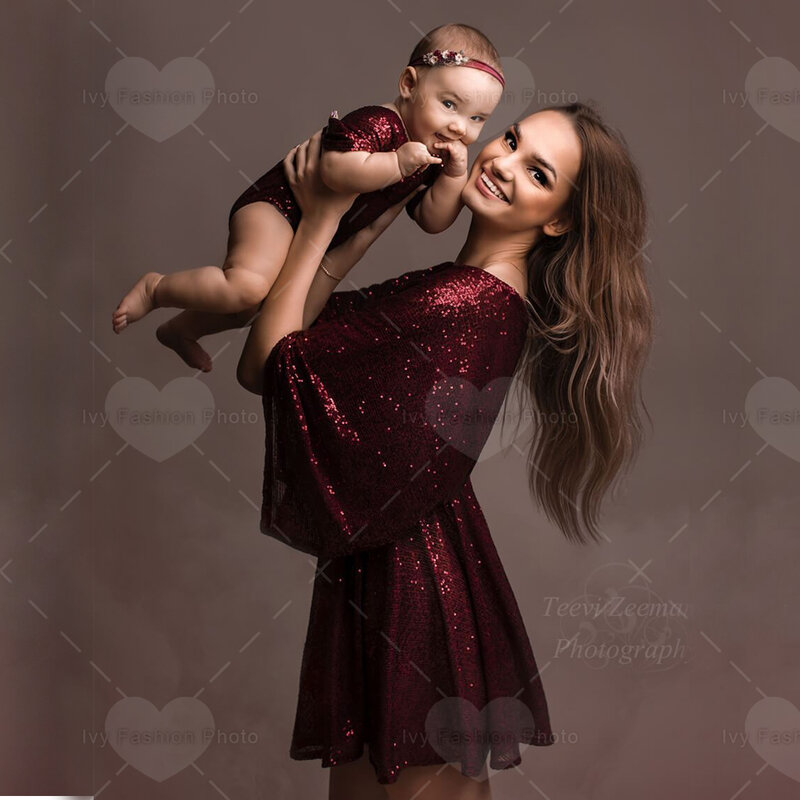 新生児写真アクセサリー,1歳の衣装,母と娘のセット,スパンコールのついたドレス,妊婦のボディ