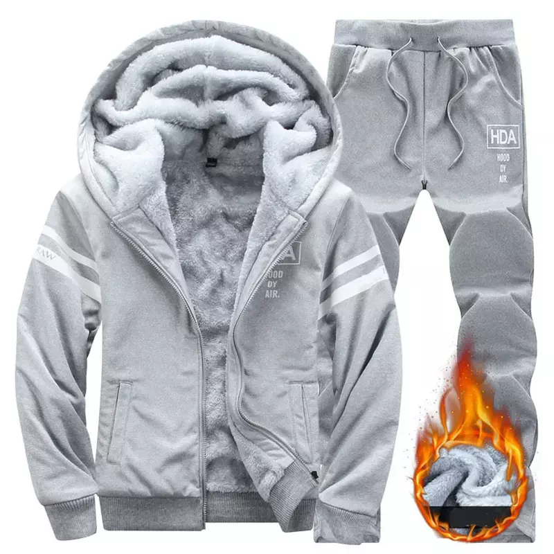 2024 Men's Two-piece Sportswear Jacket Sportswear Wool Thickened Hooded Sweatshirt And Warm Pants Casual Winter Running Set