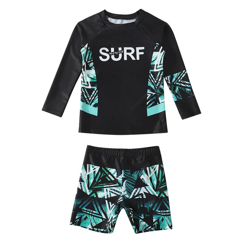 Dzieci chłopcy dwuczęściowy strój kąpielowy kombinezon wysypka Guard odzież do surfowania z długim rękawem Top z szortami strój kąpielowy plaża strój kąpielowy