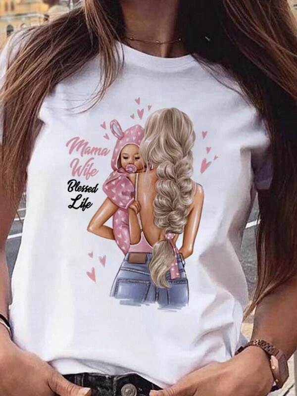 Cartoon Mom and Son Daughter Pattern Printed Women's T-Shirt Summer Casual Harajuku Y2K Women's Top Breathable Short Sleeve