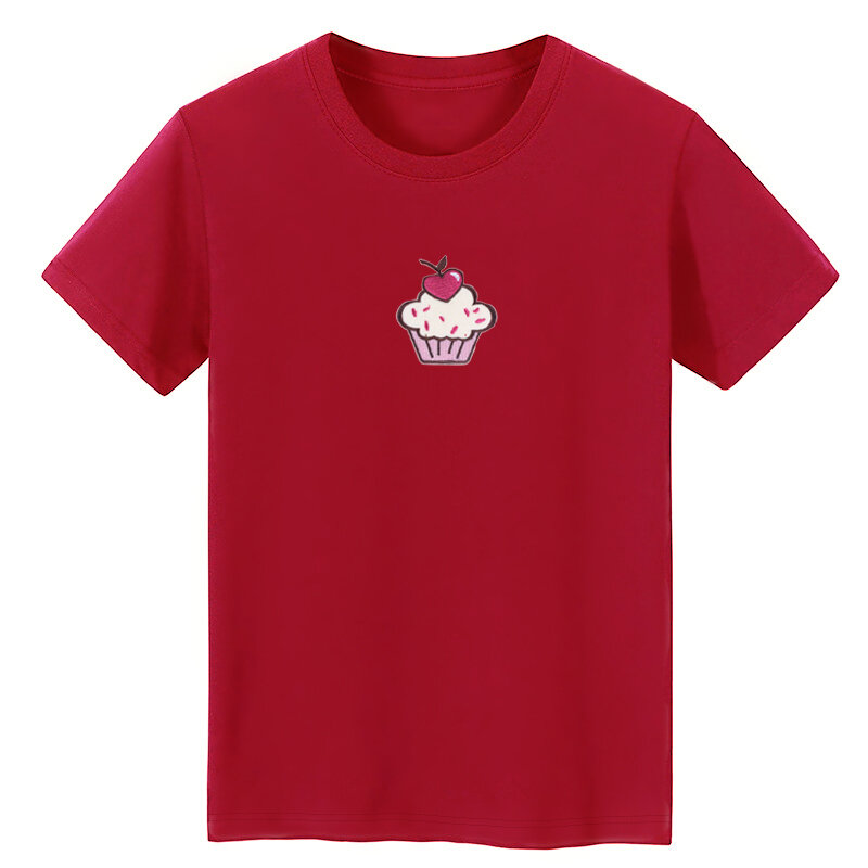 Baju baru musim panas 2024 baju motif pola kue katun wanita lengan pendek leher bulat kasual Retro T-shirt Niche pakaian wanita