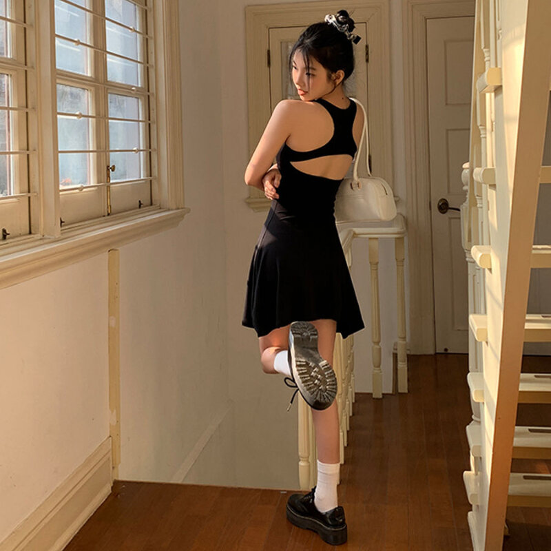HOUZHOU-Vestido corto ajustado sin mangas para mujer, minivestido Sexy, negro, informal, elegante, coreano, Espalda descubierta, fiesta Y2k