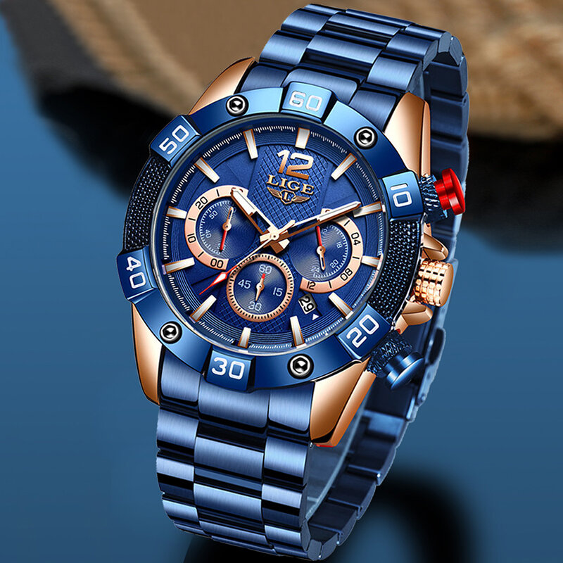 LIGE New Watches Mens Luxury Brand Big Dial Watch Men Waterproof Quartz Wristwatch Sports Chronograph Clock Relogio Masculino