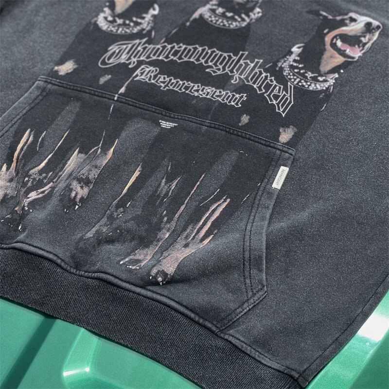 Sudadera con capucha Retro lavada para hombre, suéter con bolsillo y letras estampadas de perro, ropa de calle de Hip Hop, estilo Harajuku Vintage, 2022