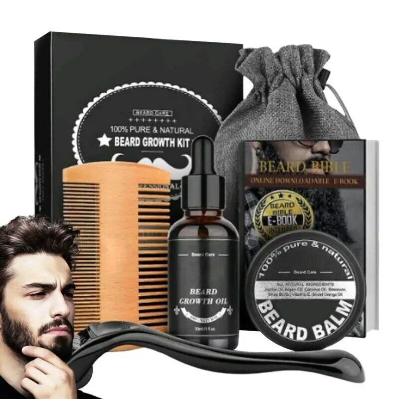 Kit de crecimiento de barba para hombres, 5 piezas, potenciador del cabello, aceite esencial para el cuidado de la barba, acondicionador sin aclarado, peine de doble cara, crema para la barba