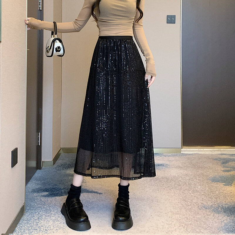 French Sequined Skirt for Women Spring and Summer 2024 High Waist A-line Skirt Shiny Mid-length Skirt