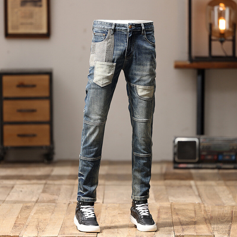 Jeans de motocicleta de perna reta masculino, patchwork de costura, slim fit, roupas leves, calças de personalidade Pu Shuai, na moda
