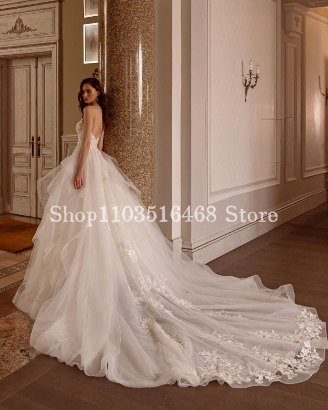 Vestido de casamento sexy spaghetti strap, branco, fio bordado, plissado laço, vestido de noiva longo personalizado, luxo, 2024