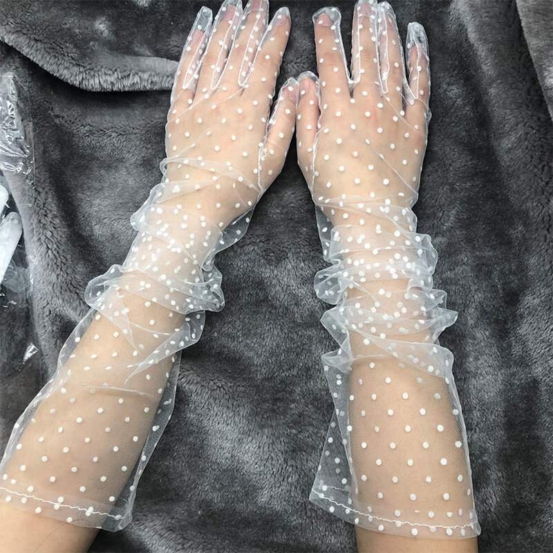 41 Colors Solid Dot Lace Semi Sheer Long Gloves Elegant Tulle Mesh Women Wedding Full Finger Mittens Dance Party Driving Decor