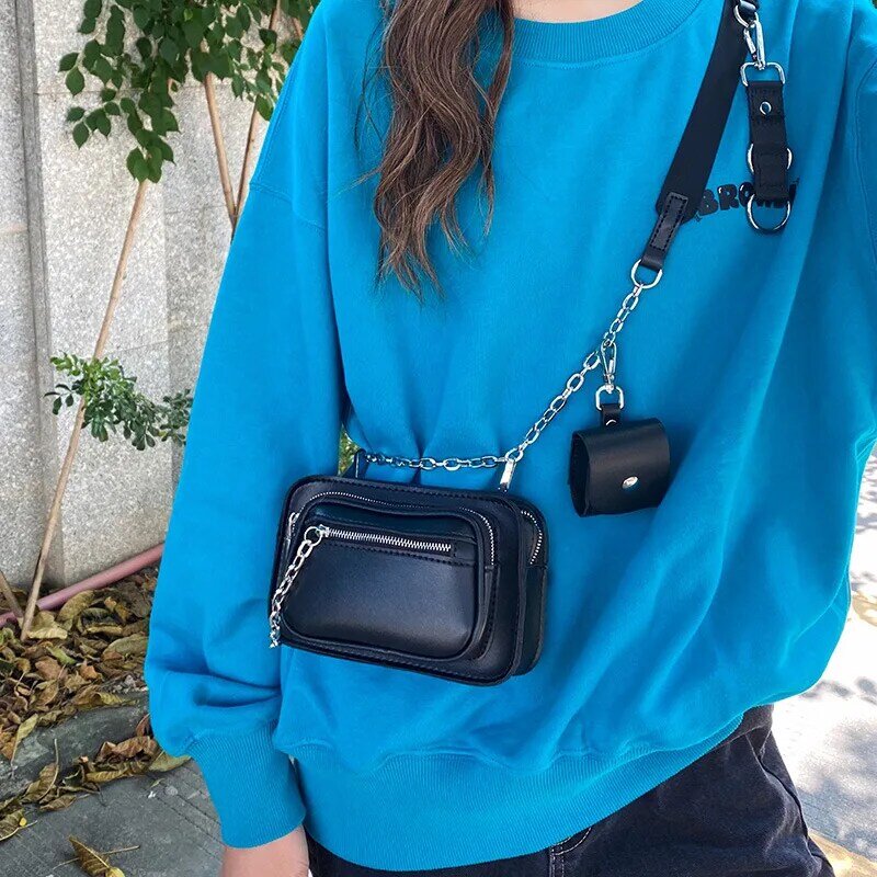 Escuro gótico mini praça bolsa feminina legal rua preto couro do plutônio correntes sacos de peito design feminino crossbody sacos de telefone