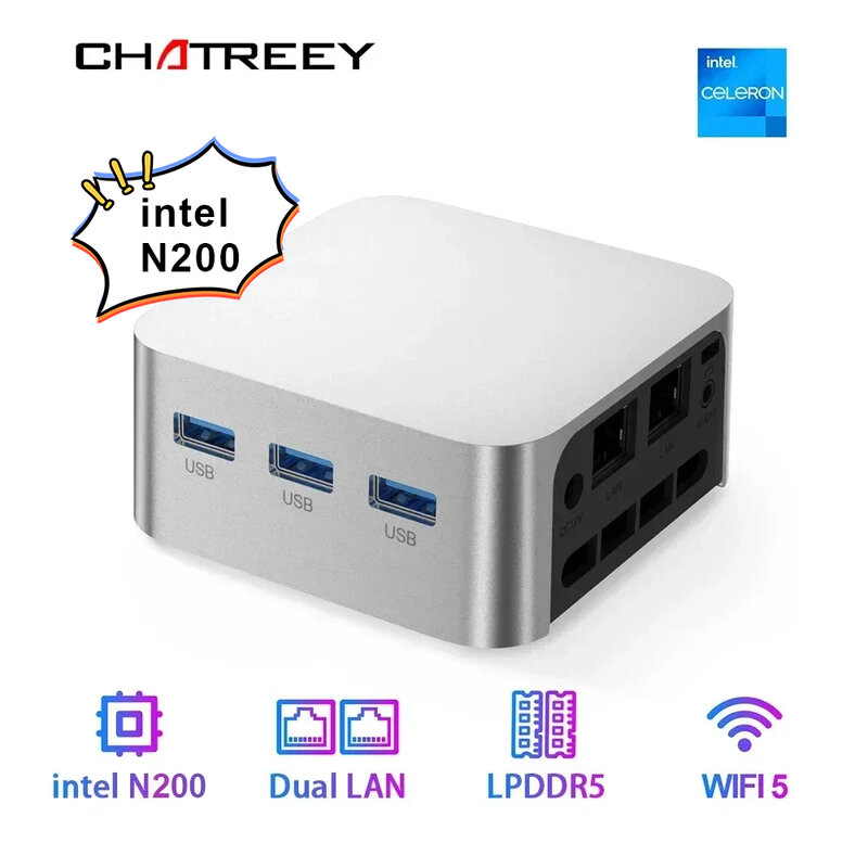 Chatreey คอมพิวเตอร์ขนาดเล็ก T8 Intel Celeron Quad Core N200/N100 3xHD คอมพิวเตอร์พกพา2.0 2xgigabit Ethernet Windows 11 Wifi5