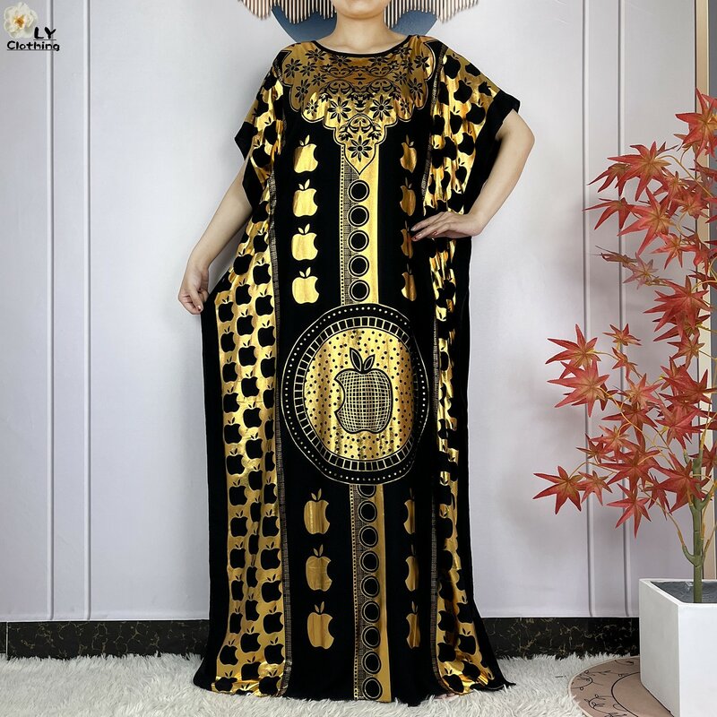 Neue Sommer Kurzarm Robe Baumwolle lose Dame Kleid mit großen Schal Gold Stempel Boubou Maxi Islam Frauen afrikanische Abaya Kleidung