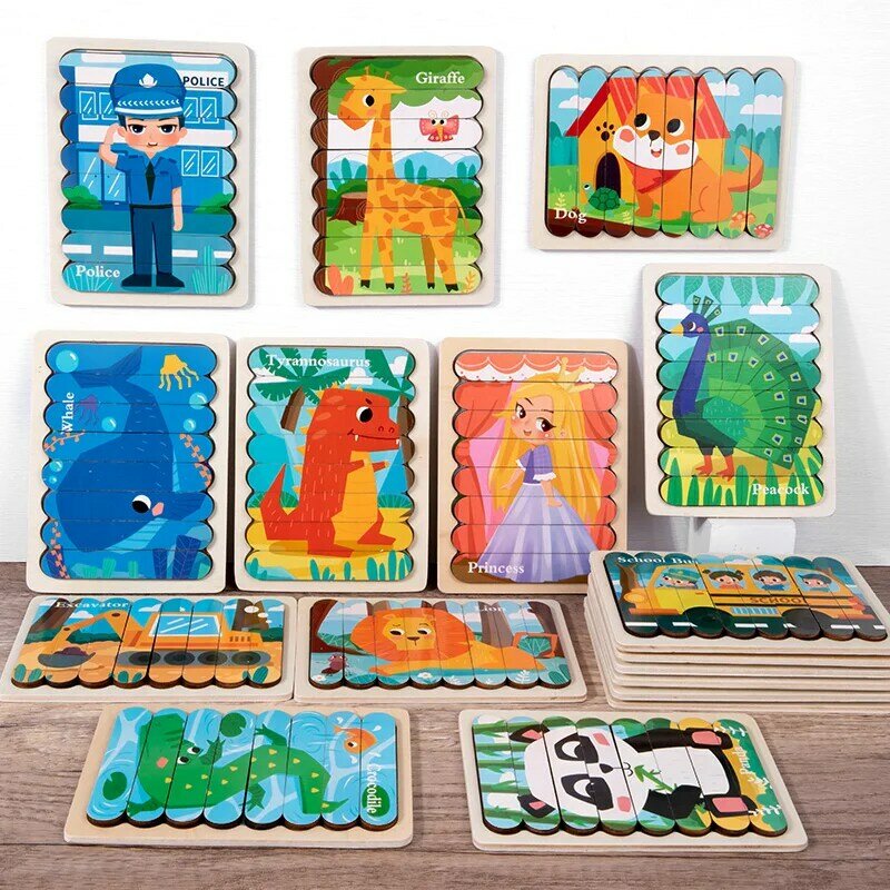 Cartoon zwierząt dwustronny pasek drewniane puzzle dla dzieci Montessori gra logiczna zabawki edukacyjne dla dzieci dla dzieci